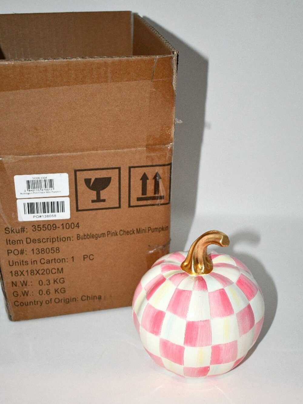 MacKenzie Childs Bubblegum Pink Check MINI Pumpkin #: 35509-1004 NWT